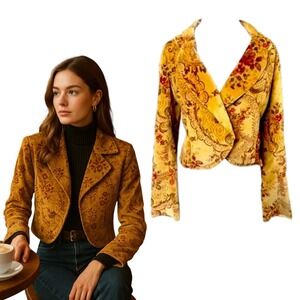 Y2K Floral Paisley Velvet Jacket Cropped Blazer Vintage Style Elegant‎ Party S